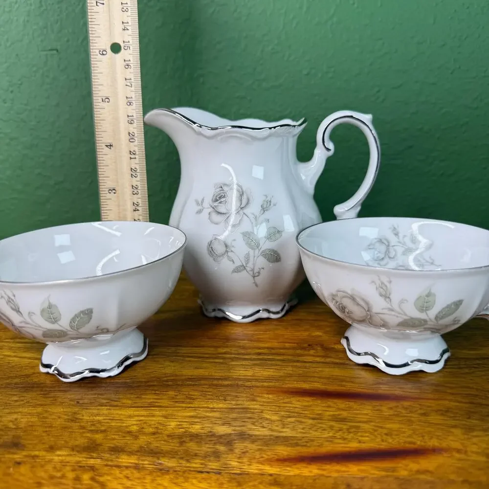 Vintage Mitterteich Mystic Rose Porcelain Tea Cup Set with Creamer